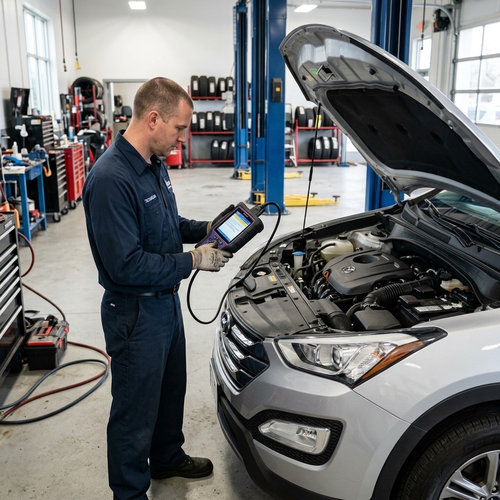Technician using a professional OBD-II scan tool to diagnose a representative compact crossover in a service shop