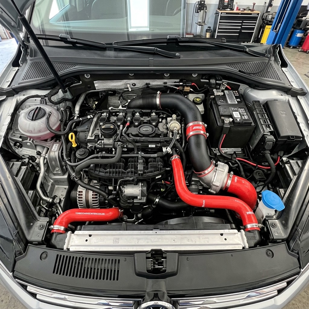 Turbocharged engine bay of a representative compact crossover showing the charge-air system and intake piping